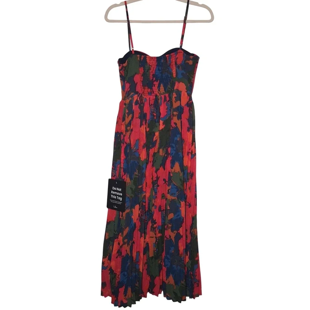 NWT Lulus Dorothy Dark Blue Pink Multi Floral Print Pleated Midi Dress S Bustier